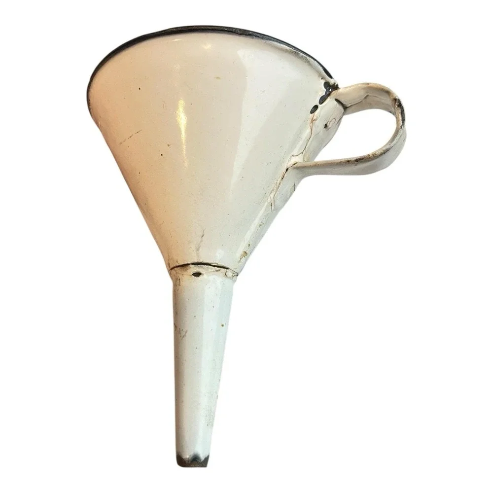 Vintage Small Petite Enamelware Funnel With a Handle Black Trim 4.5